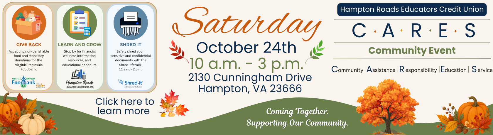 CARES Community Event Saturday October 24th 10am to 3 pm. 2130 Cunningham Drive, Hampton, VA 23666